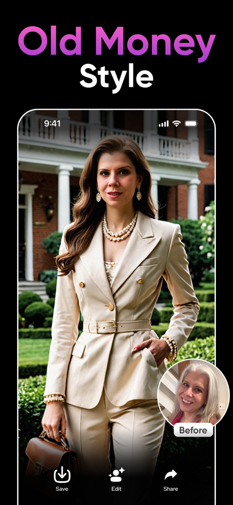 AI Photo Generator: Remake AI - AI generated professional headshot in old money style showing before and after comparison