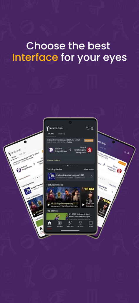 Cricket Guru - Cricket Guru app interface showing light and dark mode options for live cricket scores and news.