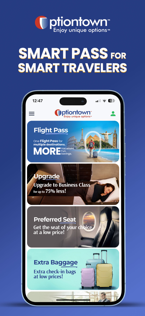 Interfaccia dell'app mobile Optiontown che mostra opzioni di flight pass e upgrade in Business Class
