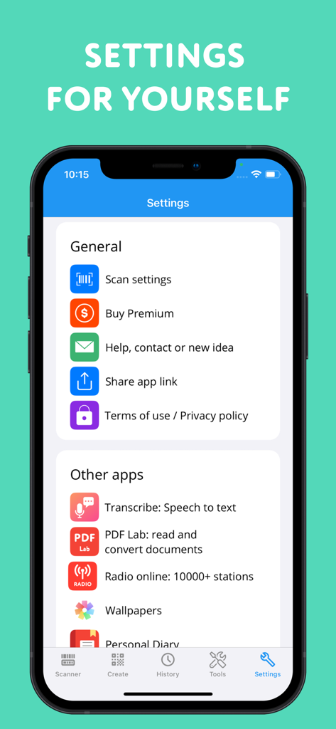 Settings screen of the QR Code and 2D Barcode Scanner app on an iPhone