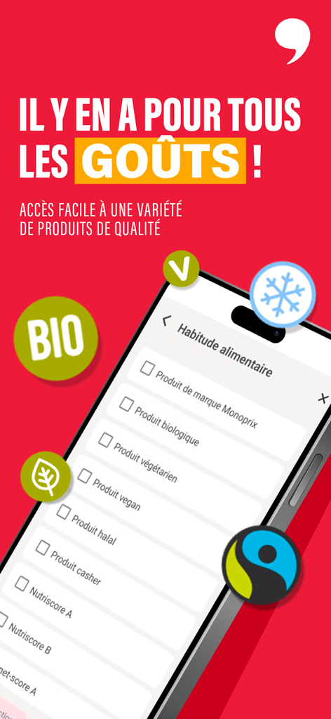 Écran de smartphone montrant les filtres de préférences alimentaires dans l'application d'épicerie Monoprix