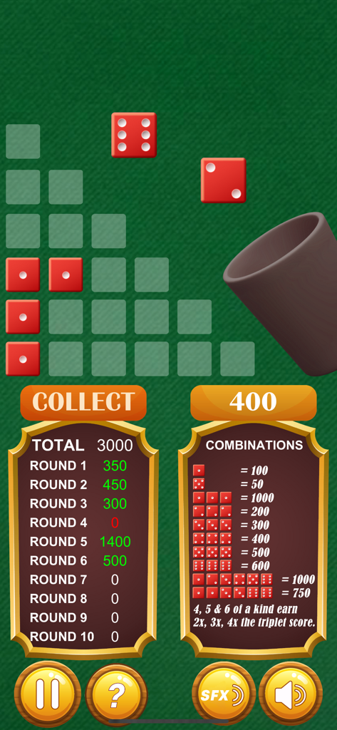 Farkle - Dice Game - Farkle-Würfelspiel-Gameplay-Bildschirm mit Anzeigetafel und Würfelkombinationen