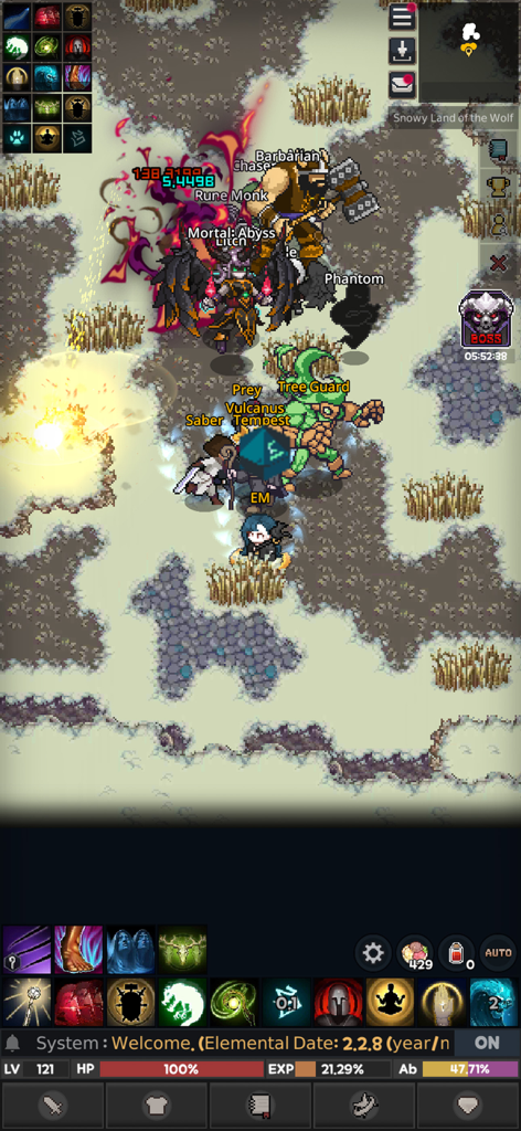 Pixel art gameplay of Elemental 2D MMORPG featuring a cooperative boss battle