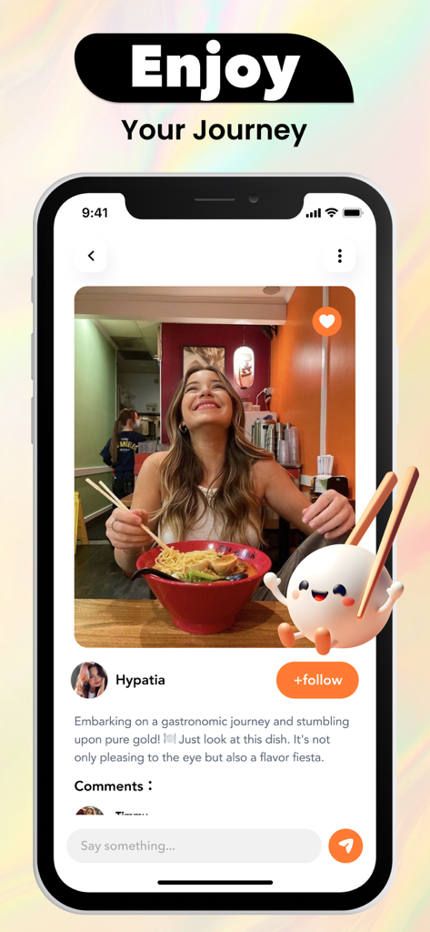 Sticky - Live Video Call - Smartphone screen displaying a food post on the Sticky app with a user sharing a bowl of ramen and a gastronomic caption