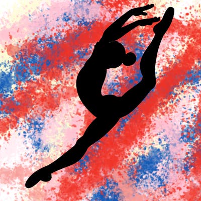 gymnast doing a leap in a leotard with a bent back leg
