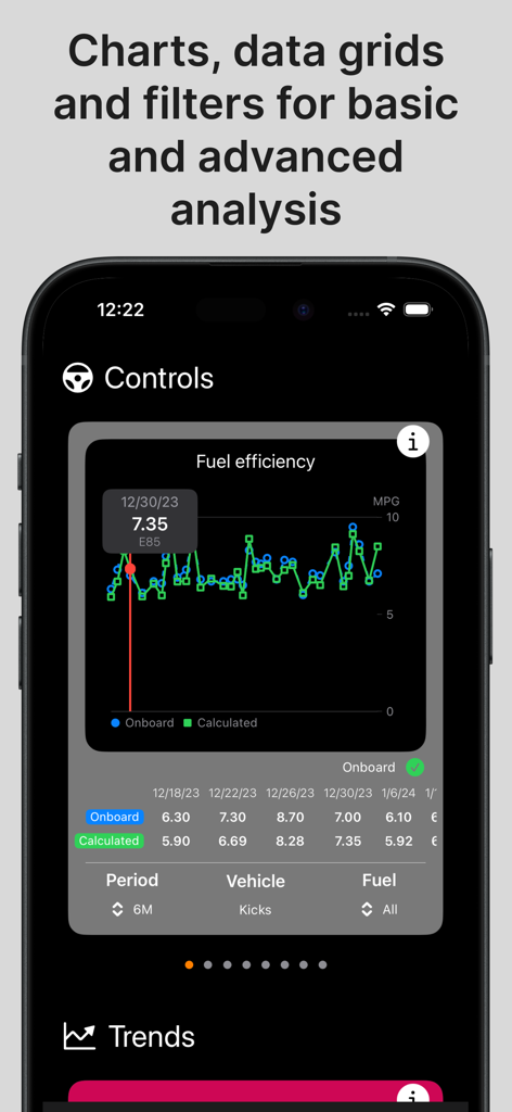 Fuel Tracker - Gas & Mileage - Interfaz de la aplicación Fuel Tracker en iPhone que muestra un gráfico de eficiencia de combustible y una cuadrícula de datos con filtros para análisis básico y avanzado
