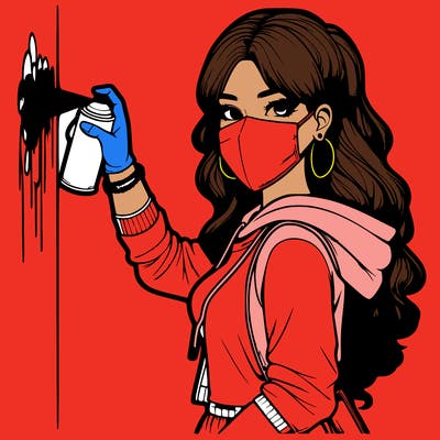 realistic girl with mask spray painting a wall