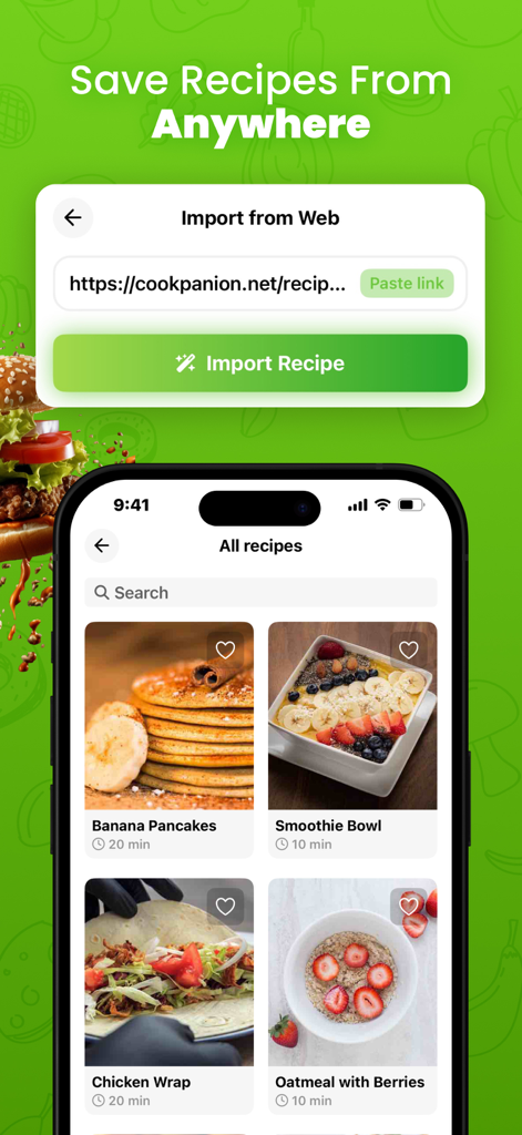 Interfaz de la aplicación Cookpanion que muestra una herramienta de importación de recetas web y una galería de comidas saludables guardadas.