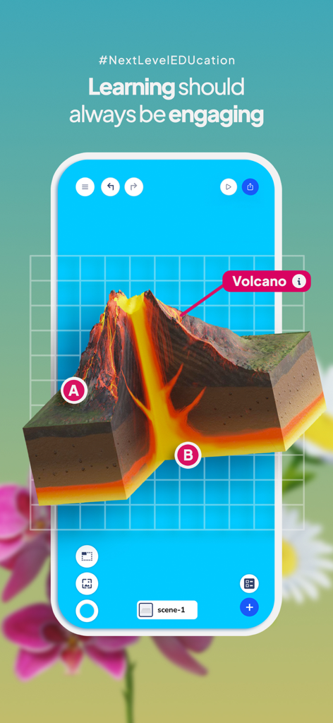 Assemblr EDU mobile app displaying an interactive 3D cross-section of a volcano.
