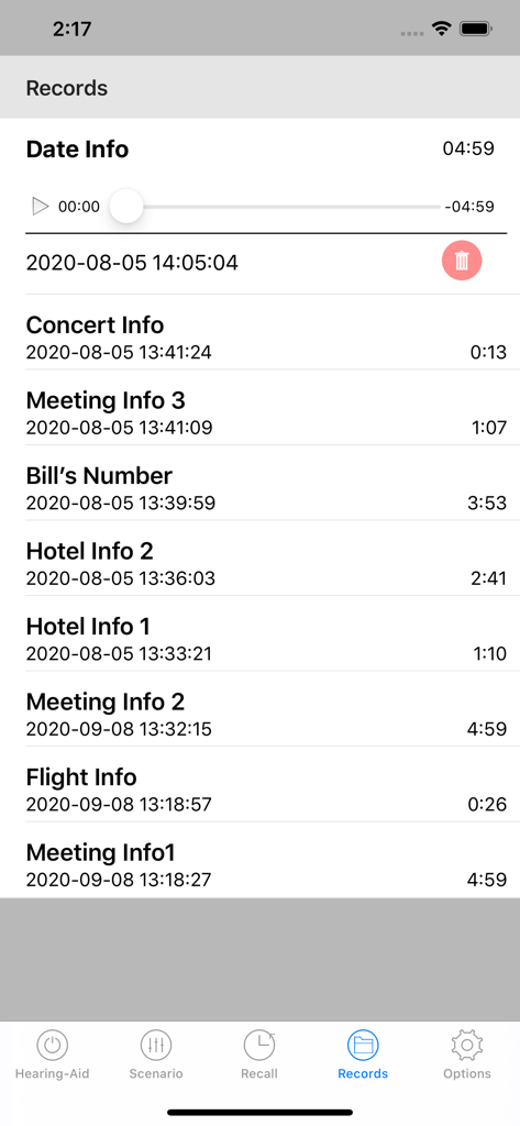 Hearing Aid - Sound Amplifier - A list of saved audio recordings in the Hearing Aid app showing files for meetings concerts and personal conversations.