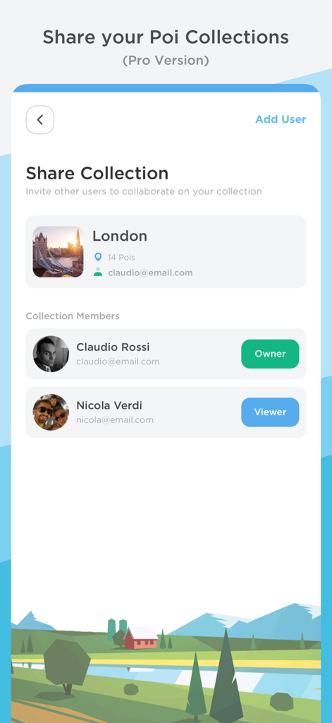 Captura de pantalla de la aplicación PlaceMapper que muestra la interfaz para compartir colecciones de PDI y gestionar roles de colaboración de usuarios