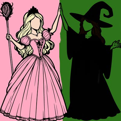 detailed realistic split of a princess and a witch