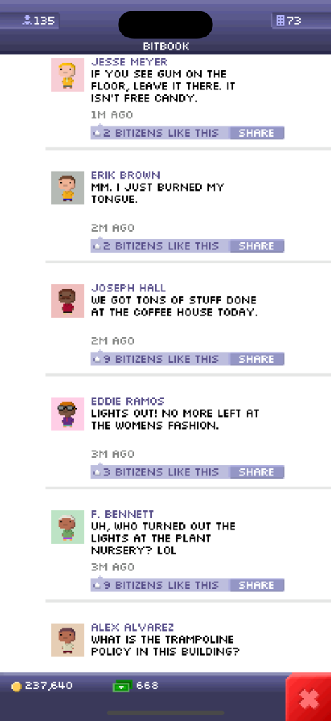 Tiny Tower Classic - A screenshot of the BitBook social media feed in Tiny Tower Classic featuring humorous status updates from various pixelated Bitizen characters.