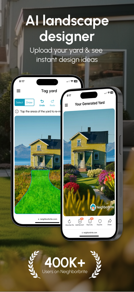 Neighborbrite Landscape Design - Neighborbrite app showing AI landscape design and yard tagging features
