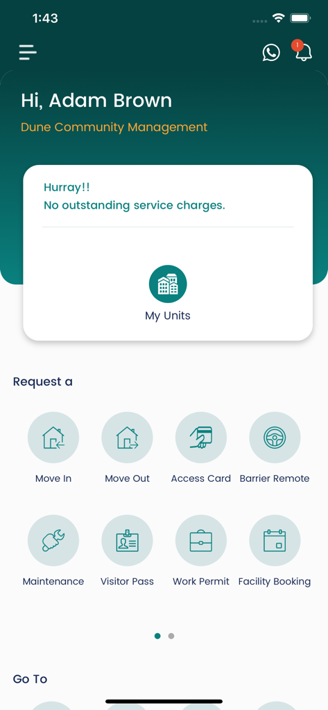 Socienta - Socienta resident dashboard with service request icons and community management details