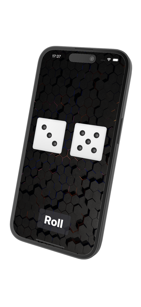 Smartphone screen showing two digital dice with a roll button