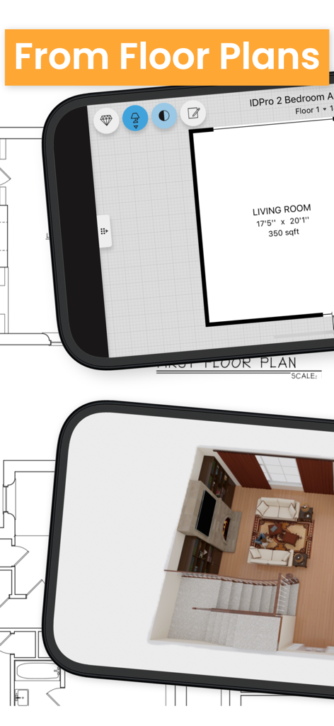 A comparison between a 2D floor plan and a 3D furnished room visualization in the Interior Design PRO app.