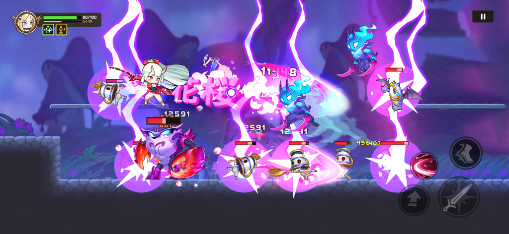 Hero Blitz: RPG Roguelike War - A chibi anime hero using lightning elemental skills to attack monsters in a dungeon level of Hero Blitz RPG