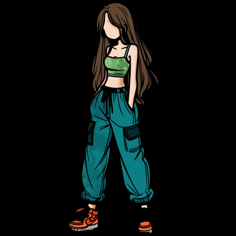 girl in baggy pants crop top and long hair