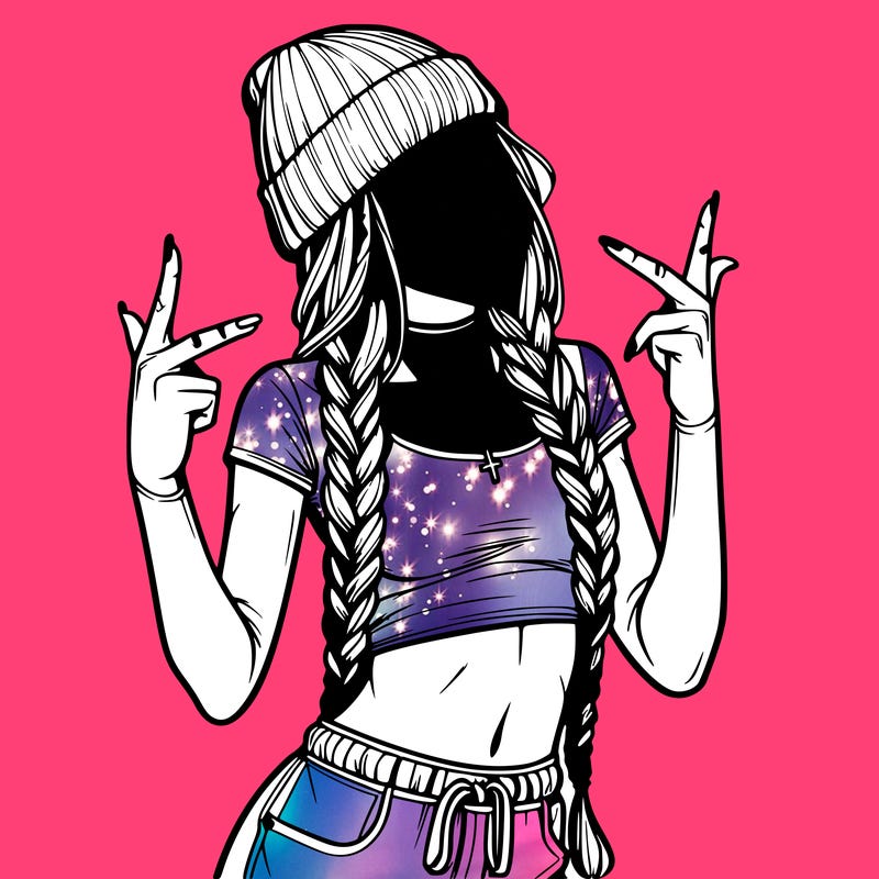 realistic teenage girl with braids and a beanie and crop top doing 🫶🏼