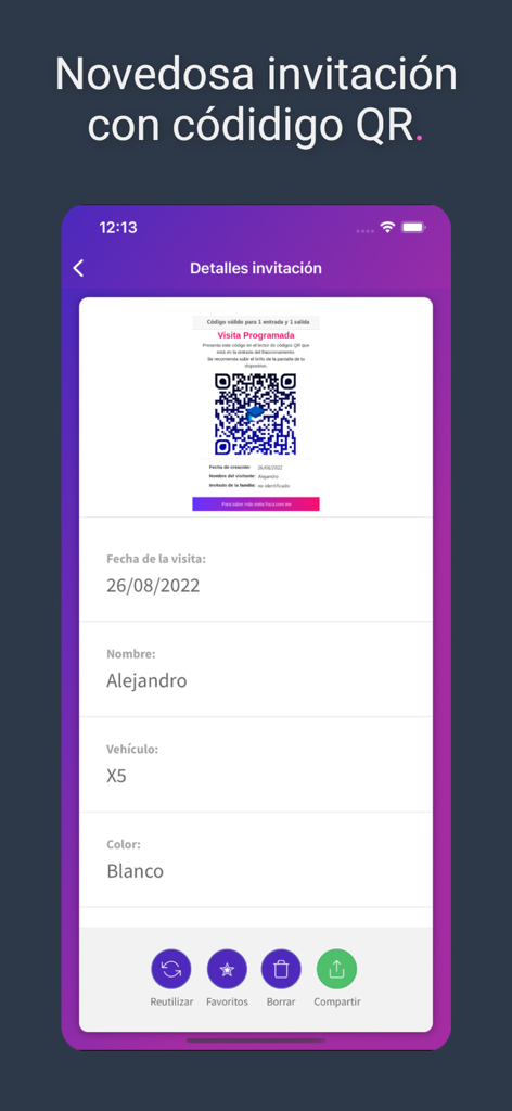 FracX Net - Schermata dell'app FracX Net che mostra un invito per visitatori con un codice QR e dettagli dell'ospite
