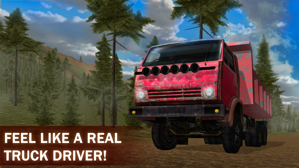 Ein roter Muldenkipper fährt durch einen Wald, mit dem Text: Fühlen Sie sich wie ein echter LKW-Fahrer