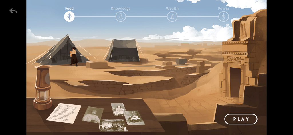 Ozymandias - Main menu screen of Ozymandias showing a hand-painted desert archaeological camp with resource icons for Food Knowledge Wealth and Power