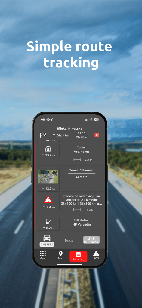 Interfaz de la aplicación móvil LiveTrafficHR mostrando un resumen simple de seguimiento de ruta con alertas de tráfico y características de la carretera.