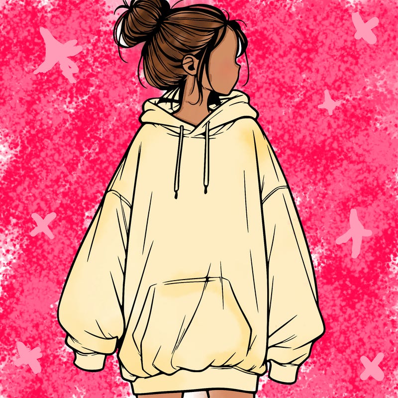realistic girl with a oversized sweatshirt on and a bun