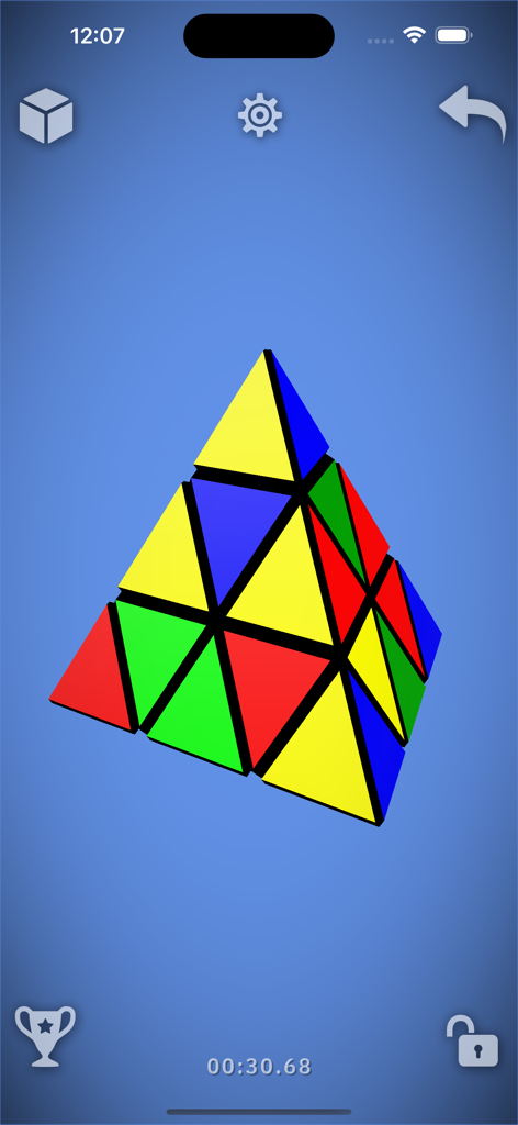 Magic Cube Puzzle 3D - A 3D pyramid puzzle with colorful triangular faces on a blue background in the Magic Cube Puzzle 3D app