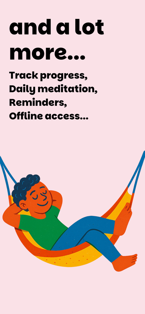 Medito: Guided Meditation App - Illustrazione di una persona che si rilassa su un'amaca con testo che elenca le funzionalità di Medito come meditazione quotidiana e accesso offline