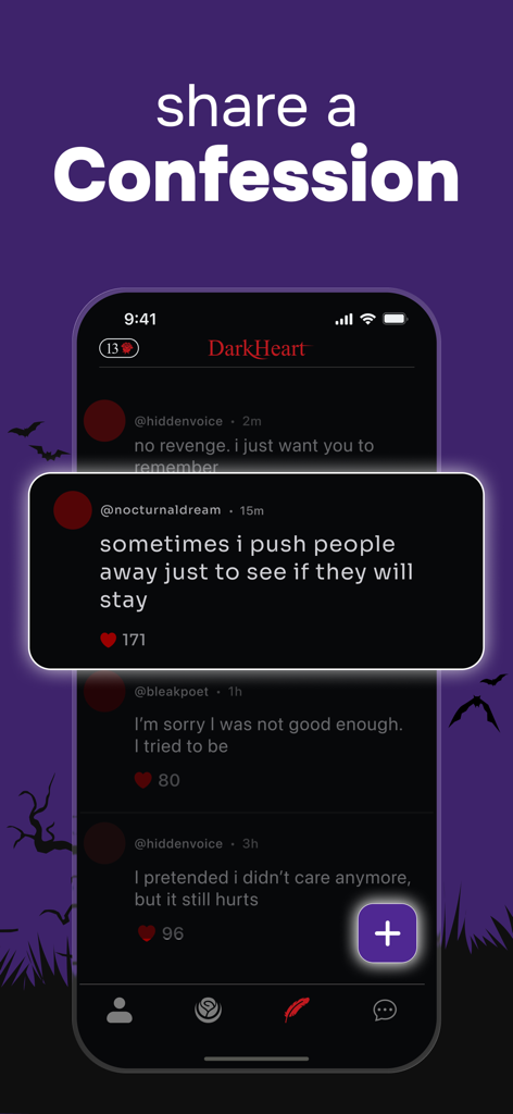 DarkHeart: Goth Dating App - DarkHeart app interface displaying the Gothic Wall where users share emotional and community confessions