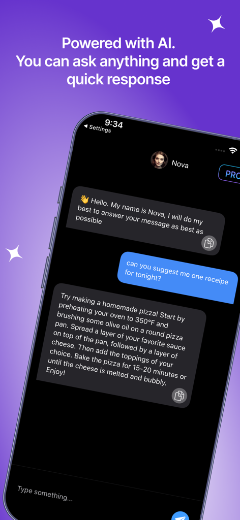 Nova: AI Chatbot Assistant - Una captura de pantalla del Asistente de Chatbot IA Nova mostrando una conversación donde un usuario pide una receta de cena y recibe una respuesta para pizza casera.