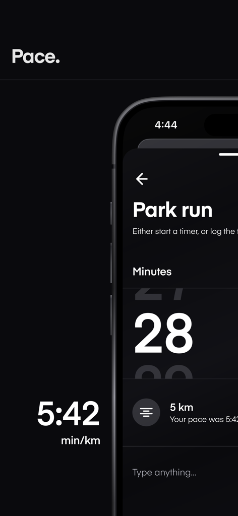 Dropset: Gym tracker - Minimalist dark mode interface showing pace and distance tracking for a park run.