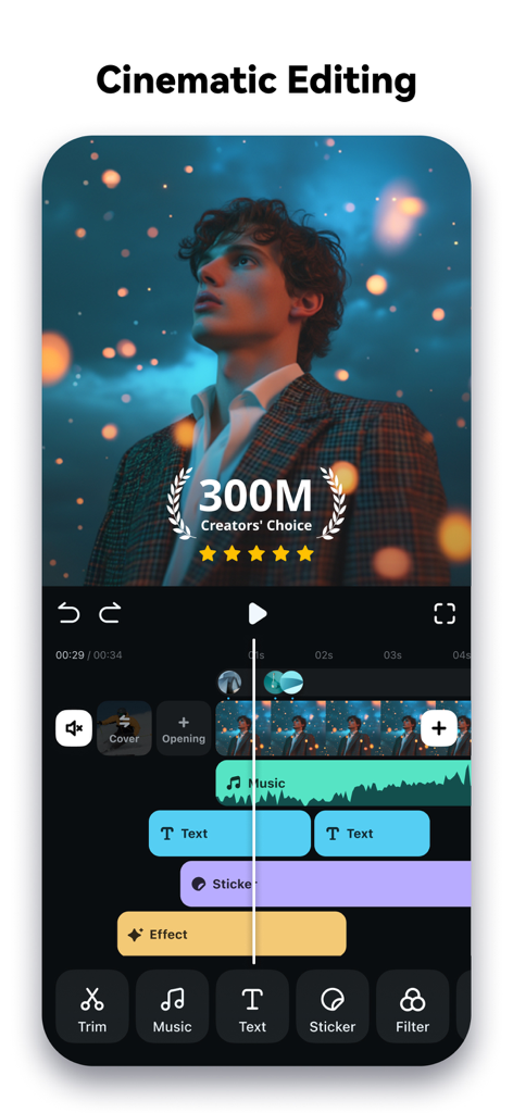 Interface de l'application mobile Filmora montrant une timeline multicouche pour le montage vidéo cinématique avec du texte, de la musique et des effets