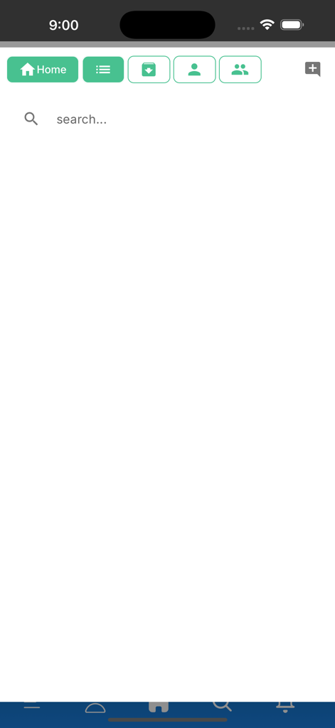 SpaceDesk App - Pantalla de inicio de la aplicación SpaceDesk que muestra la barra de búsqueda y los iconos de navegación para la gestión de proyectos