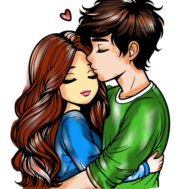 a realistic couple boy and girl hugging and kissing