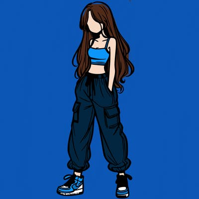 girl in baggy pants crop top and long hair