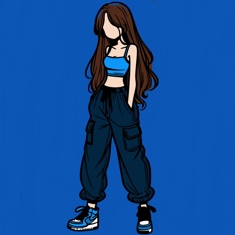 girl in baggy pants crop top and long hair