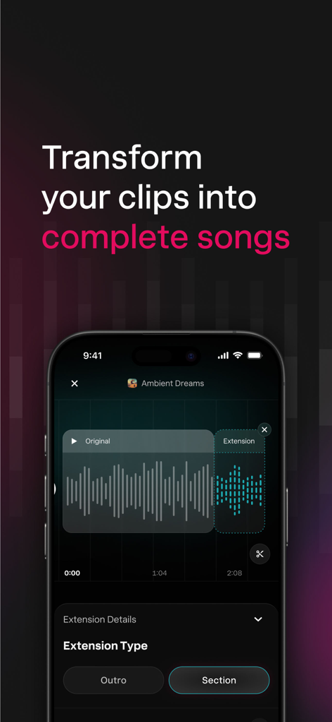 Benutzeroberfläche der Udio-App zur Umwandlung von Audioclips in komplette Songs mit KI-Erweiterungen
