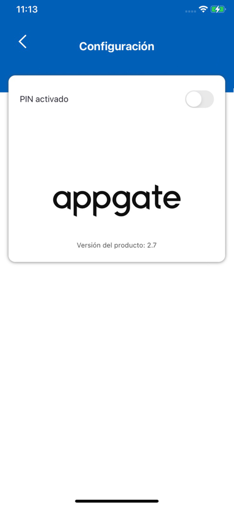 PacificID app configuration screen showing PIN activation toggle and Appgate version information