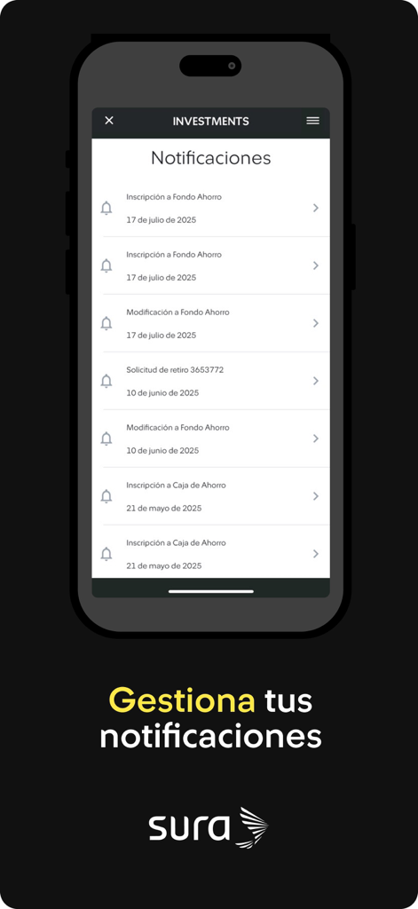 Mis Beneficios. - Interfaz de la app Mis Beneficios que muestra una lista de notificaciones financieras que incluyen actualizaciones del fondo de ahorro y retiros