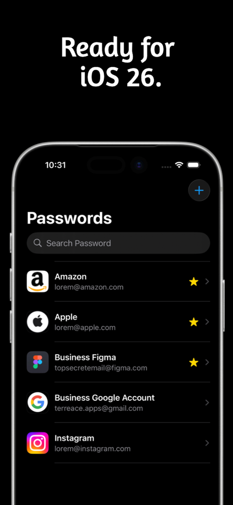 Screenshot of the KeyCave password manager app displaying a list of stored account credentials on an iPhone.