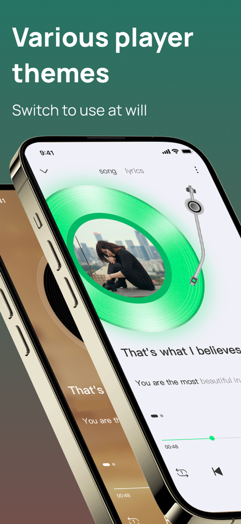 Offline Music Player ‣Play MP3 - Screenshot of the Offline Music Player app showing various customizable player themes on two iPhones