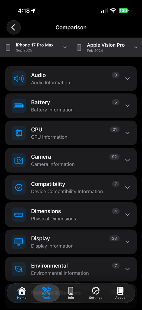 Technical specification comparison screen between iPhone 17 Pro Max and Apple Vision Pro in the Lirum Device Info app