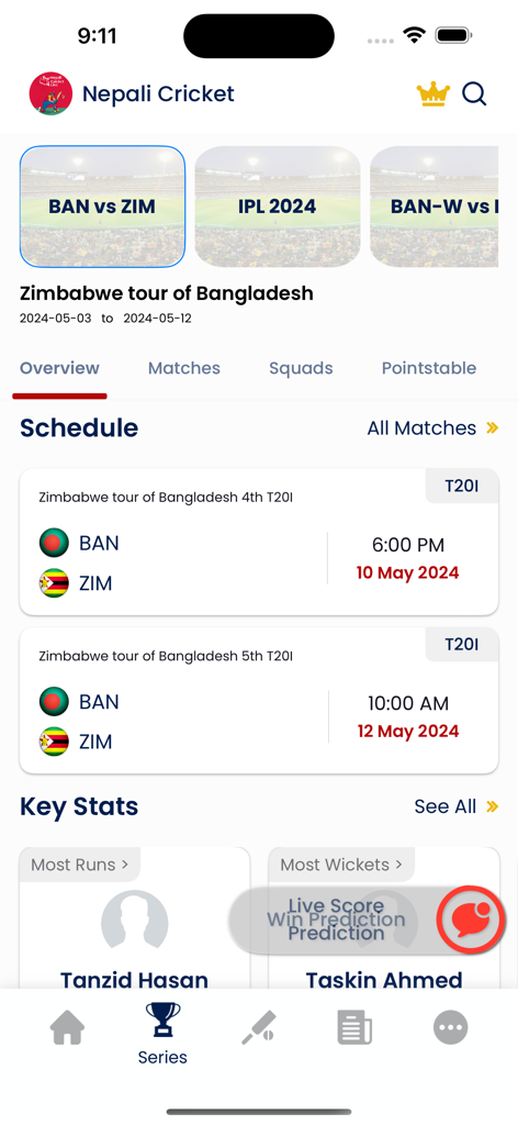 Live Star Sports - Live Star Sportsアプリのインターフェースに、バングラデシュ対ジンバブエのクリケット試合スケジュールとプレイヤー統計が表示されています