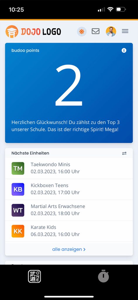 Mobile app dashboard displaying member points and a list of upcoming martial arts classes for kids and adults
