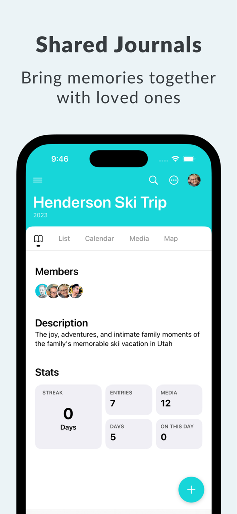 Day One: Daily Journal & Diary - A smartphone showing the Day One app shared journal feature for a family ski trip with member icons and entry statistics.
