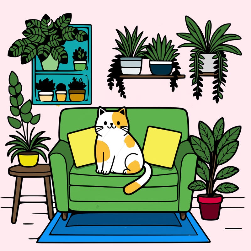 cat on a sofa in a room full of plants
