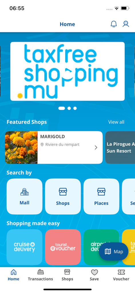 MCCI Tax Free Shopping - MCCI Tax Free Shopping app home screen displaying featured shops and shopping categories in Mauritius